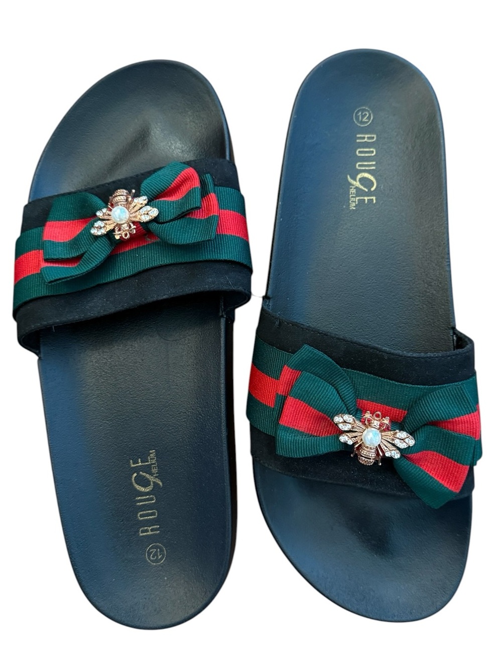 Rouge Helium Bee Bow Slide Sandals Black Striped 12 Rose Gold Rhinestones Pearl - Picture 11 of 12